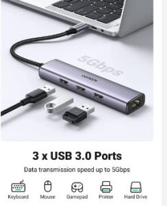 Hub chia USB Type-C to 3 cổng USB 3.0 Type-A kèm Lan Gigabit, vỏ nhôm chính hãng Ugreen 60600